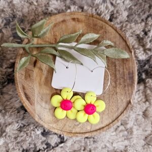 NWT Bright Yellow Flower Hoop Earrings with Pink Center / Statement Earrings